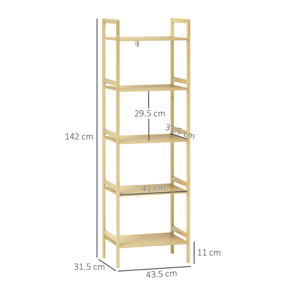 HOMCOM 5-Tier Bamboo Bathroom Storage Shelf, Freestanding Shelving Unit with Adjustable Rack for Kitchen Bathroom Living Room, Natural Wood Finish