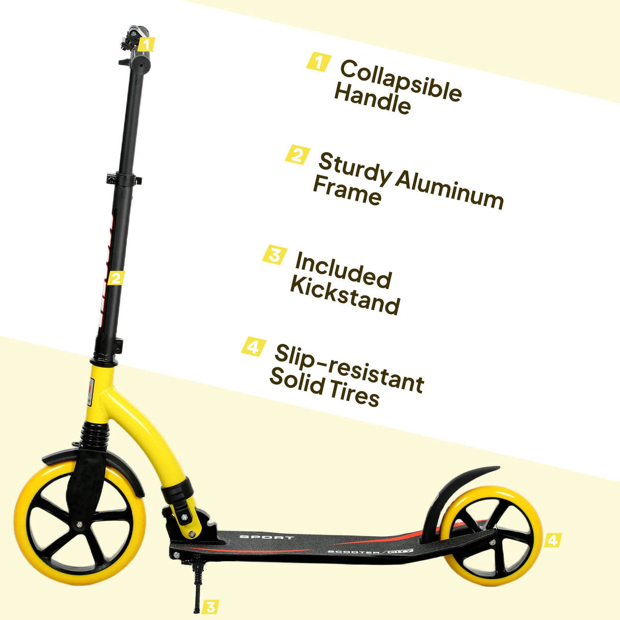 HOMCOM Foldable Kick Scooter with Double Shock Absorption and Big Wheels, Height Adjustable Aluminium Frame Big Wheel Scooter for 14+ Teens Adult - Yellow
