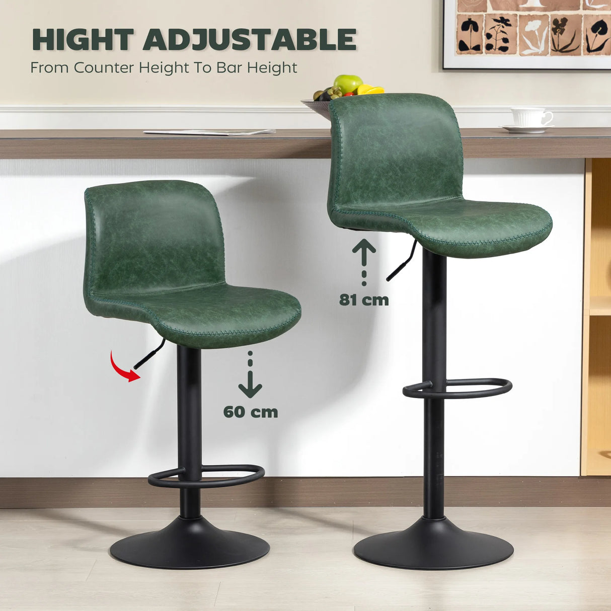 HOMCOM Bar Stools Set of 2, PU Leather Barstools with Backrest and Footrest for Kitchen, Counter, Breakfast Bar, Green