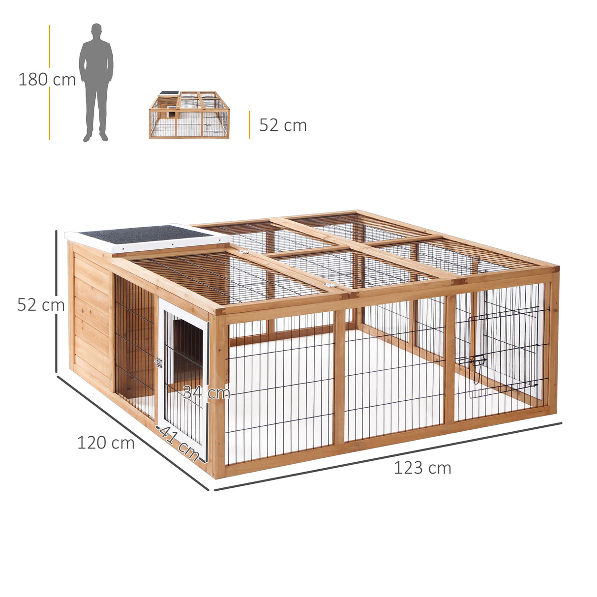 PawHut Rabbit Hutch Outdoor, Guinea Pig House, Bunny Run Cage with Openable Top for 12 Rabbits, 123 x 120 x 52cm, Yellow