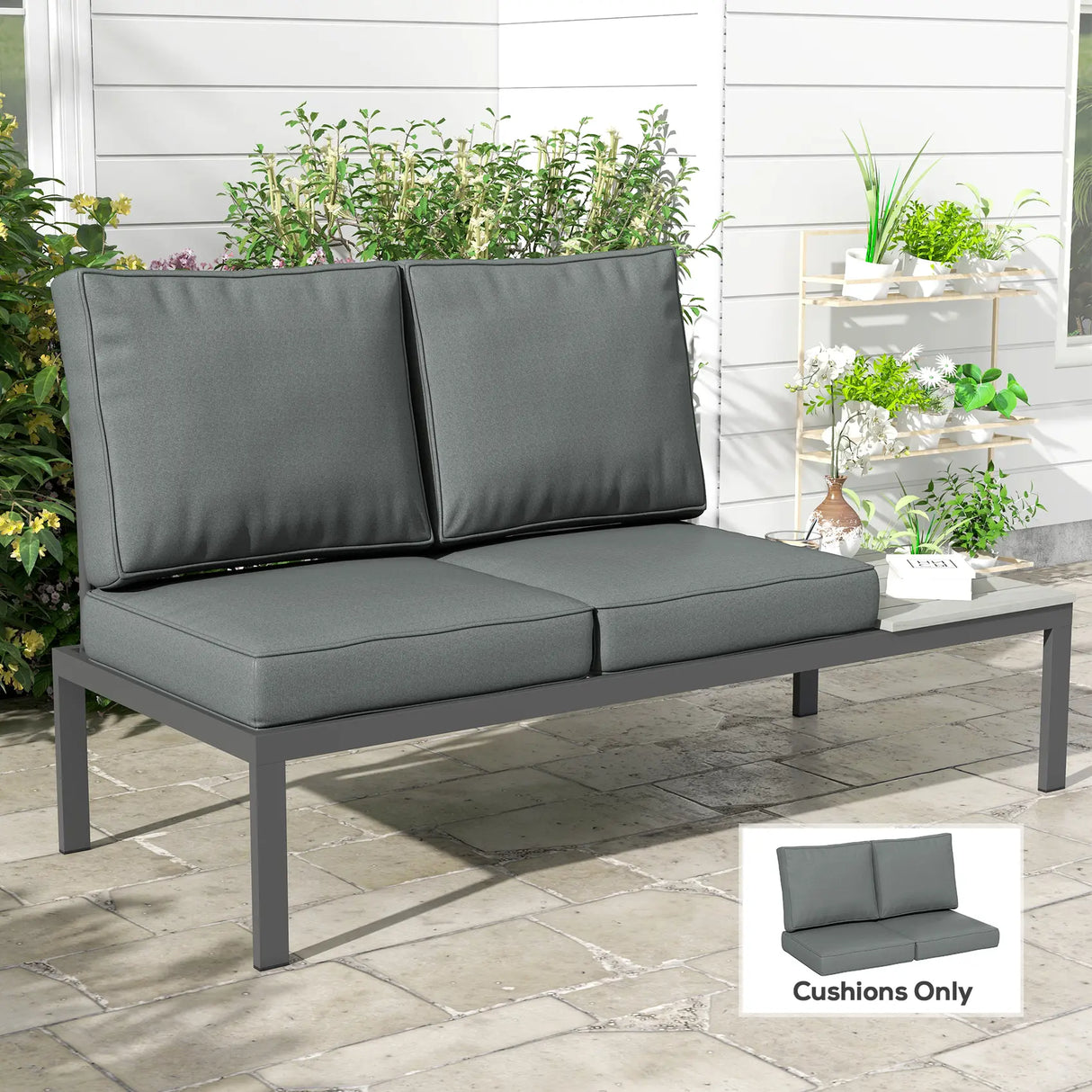 Outsunny 2 Seater Back and Seat Cushion Pillows Replacement, Patio Chair Cushions Set for Indoor Outdoor, Charcoal Grey