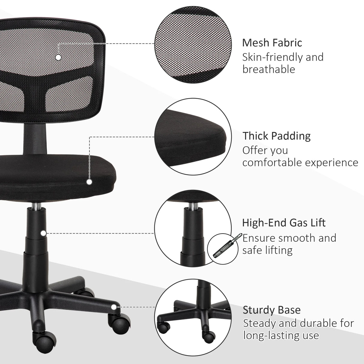 Vinsetto Small Office Chair without Arms, Ergonomic Swivel Mesh Desk Chair with Curved Back and Wheels, Height Adjustable, for Home Vanity Computer Dressing Table Study Bedroom, Holds Up to 120 kg