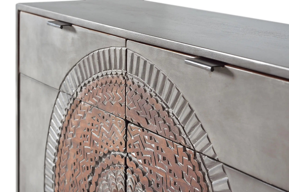 Giner and Colomer - 2-Door, 2-Drawer Mango Wood Console With Carved Details & Metal Base