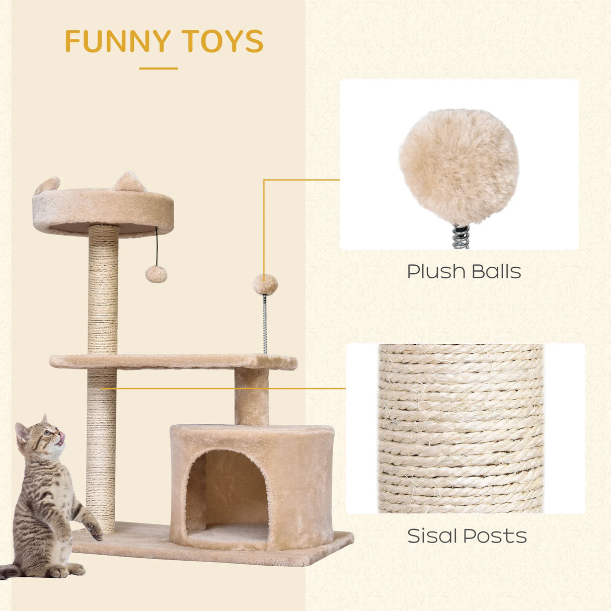PawHut Cat Tree for Indoor Cats with Scratching Post Climbing Tower Kitty Activity Centre Condo Perch Jumping Platforms Beige 60L x 40W x 81H cm