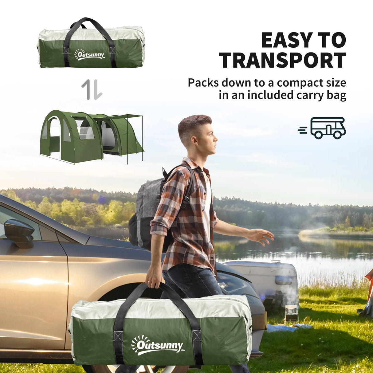 Outsunny 5-6 Man Camping Tent with 2 Room, Floor and Carry Bag - Green