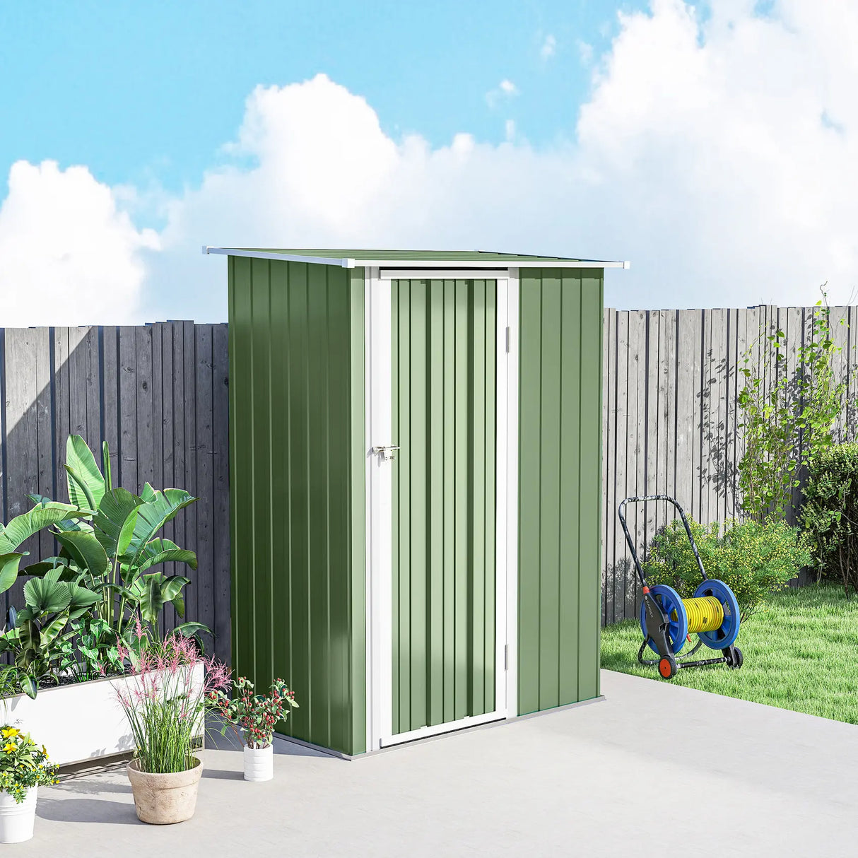 Outsunny 5ft x 3ft Metal Garden Storage Shed, Outdoor Tool Shed with Sloped Roof, Lockable Door for Tools, Equipment, Light Green