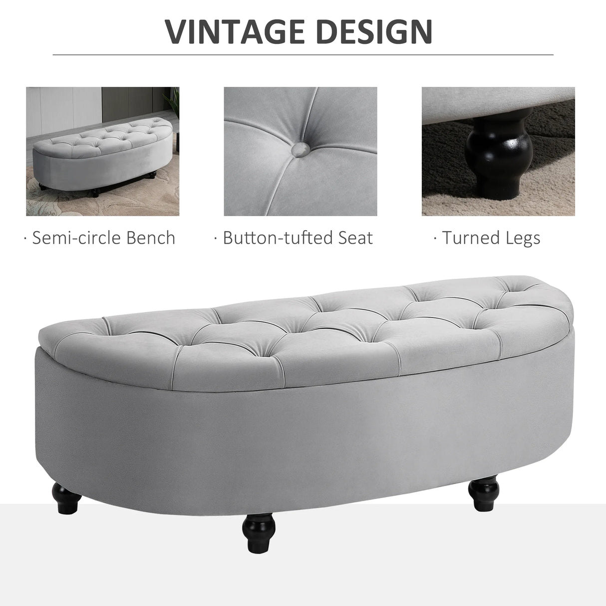 HOMCOM Semi-Circle Ottoman Storage Bench, Bed End Bench, Tufted Upholstered Window Seat Footrest Stool with Rubberwood Legs for Bedroom & Entryway, 120 x 46 x 42 cm, Light Grey