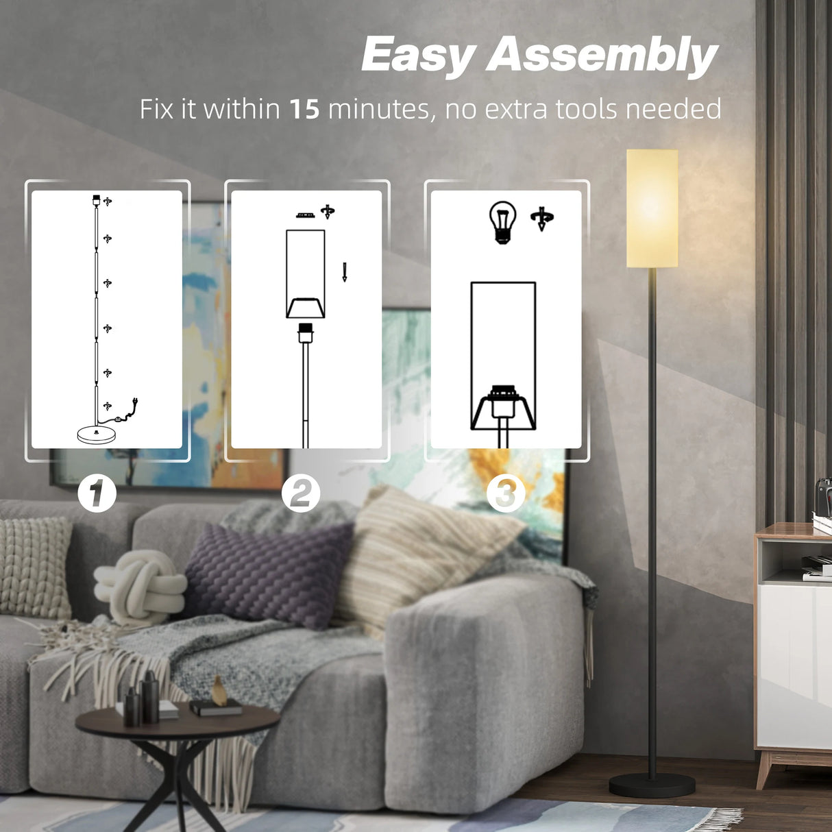 HOMCOM Floor Lamp for Living Room, Modern Standing Lamp with Linen Shade & Foot Switch, Minimalist Tall Pole Lampshade for Bedroom, Office, White