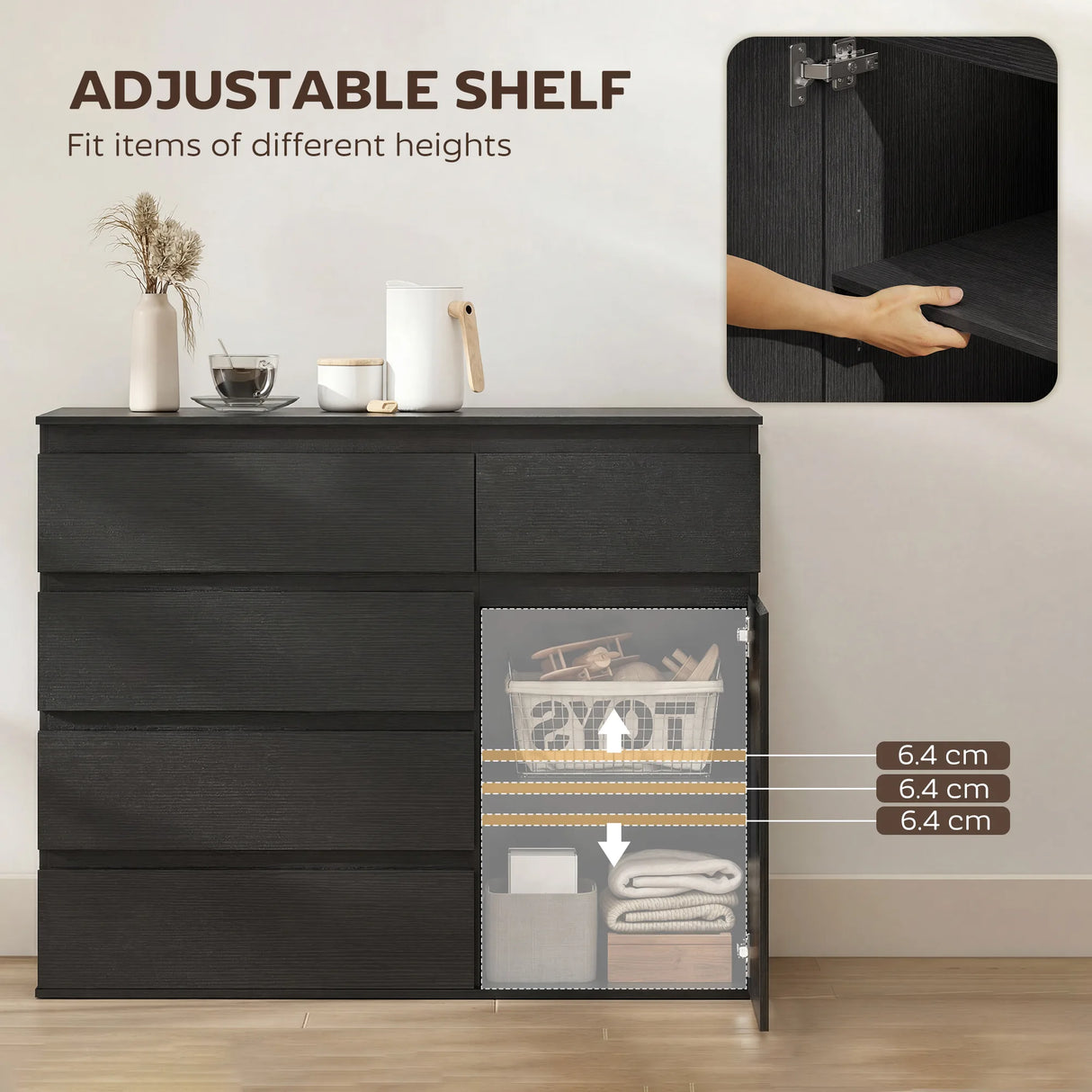 HOMCOM Modern Sideboard, Sideboard Storage Cabinet with 5 Drawers, Adjustable Shelf, Soft-Close Door, Black