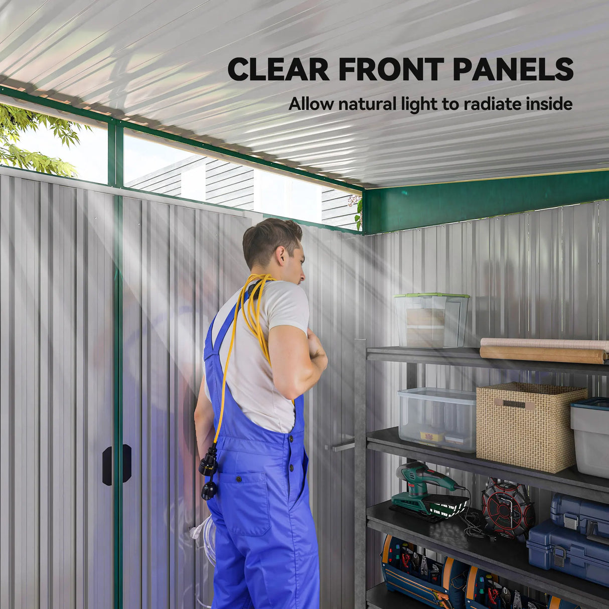 Outsunny 8.5 x 6ft Metal Shed with Lightsky Panels, Garden Storage Tool House with Double Doors for Garden, Patio and Lawn, Green