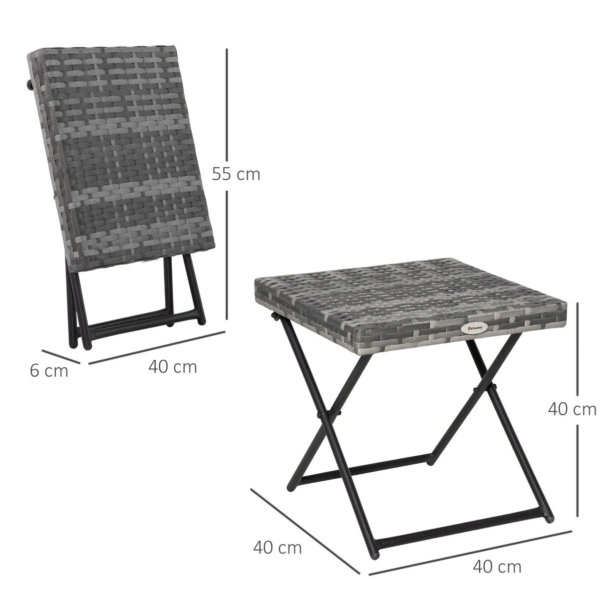Outsunny Square PE Wicker Rattan Folding Table,Weather Resistant Wicker Weave Side Table with Steel Frame, Grey