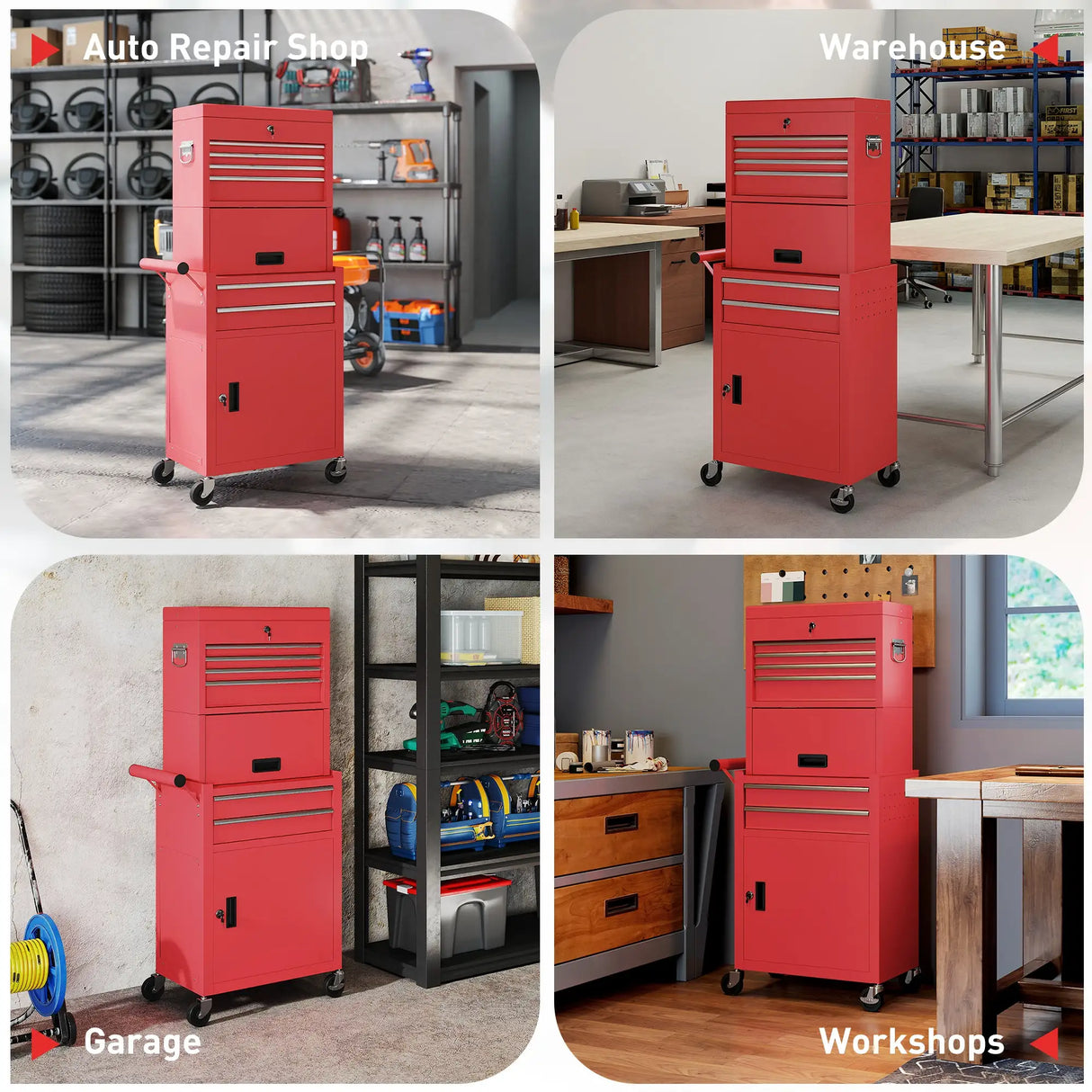 HOMCOM Three-Part Steel Locking Tool Chest - Red