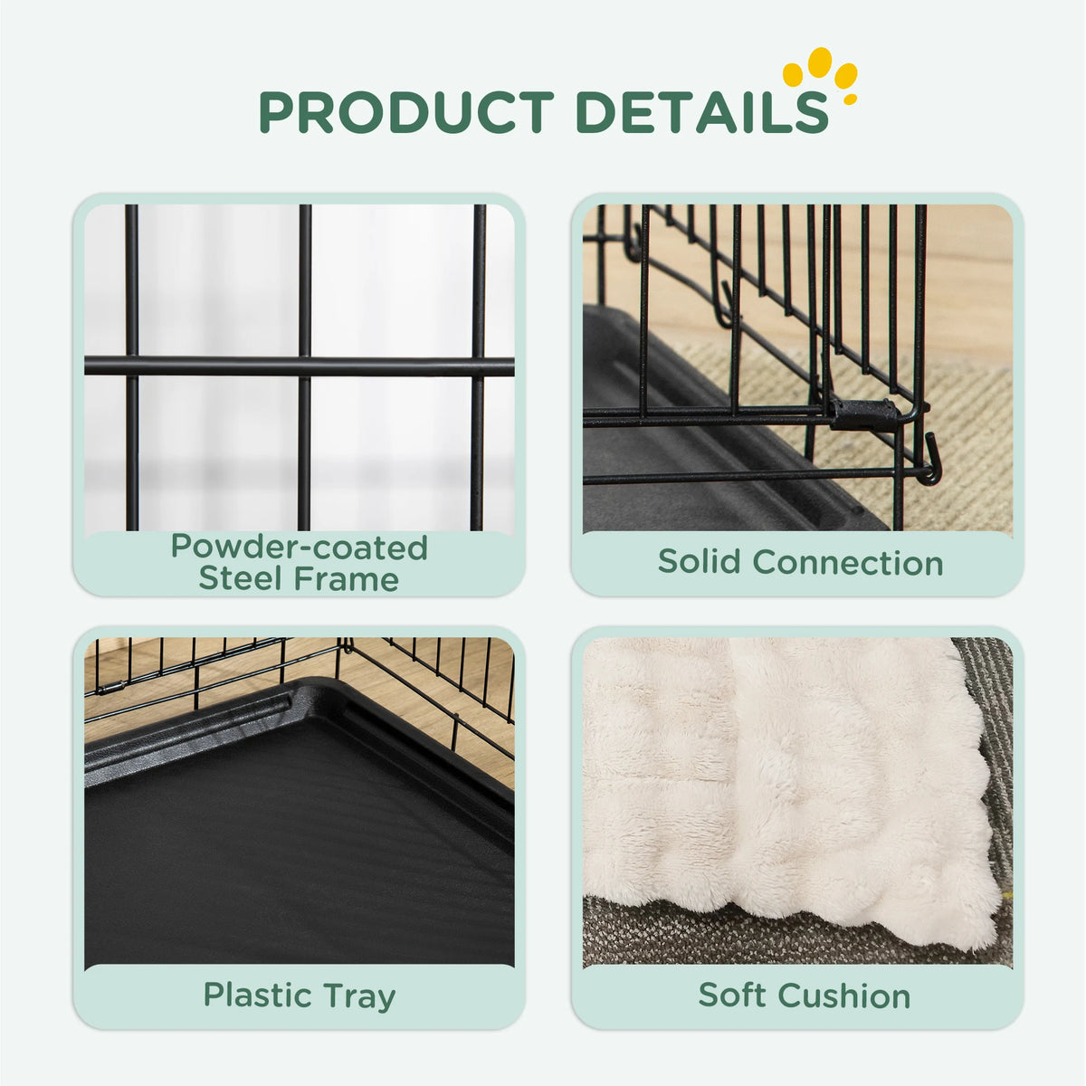 PawHut Foldable Dog Crate with 2 Doors with Tray, Soft Cushion, for Small Dogs, 75 x 49 x 53 cm, Black