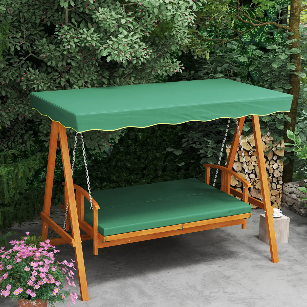 Outsunny 3 Seater 2-in-1 Wooden Garden Swing Seat Swing Chair Outdoor Convertible Hammock Bench Furniture Lounger Bed Wood, Dark Green