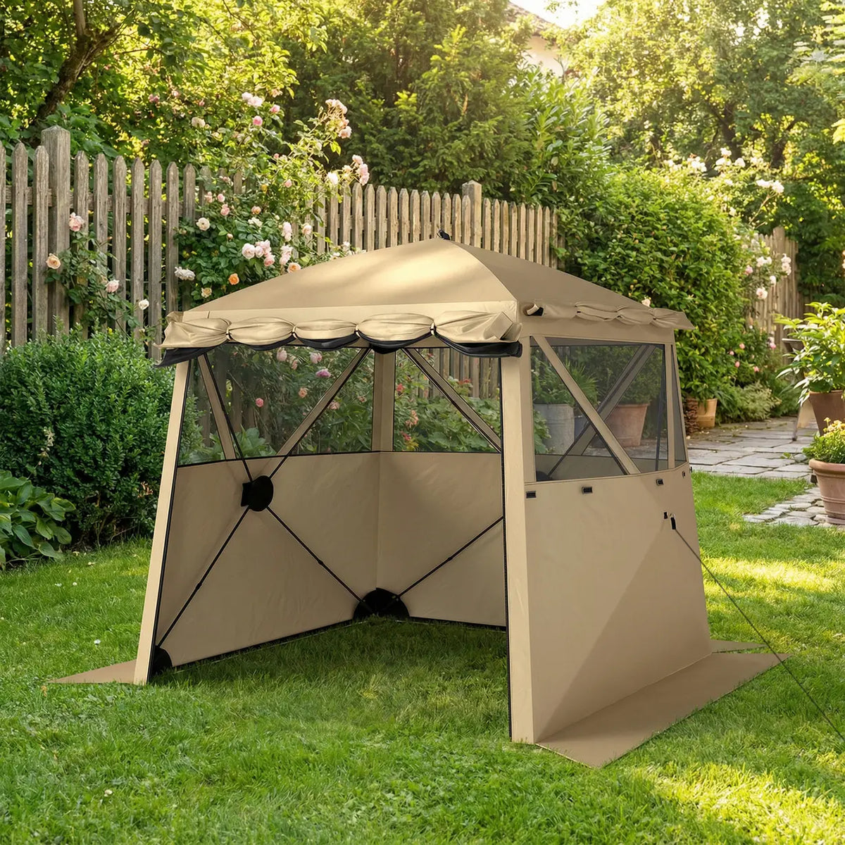 Outsunny Pop Up Gazebo Waterproof Instant Shelter with Awning Mesh Windows for Camping Patio 2 x 2 m, Khaki