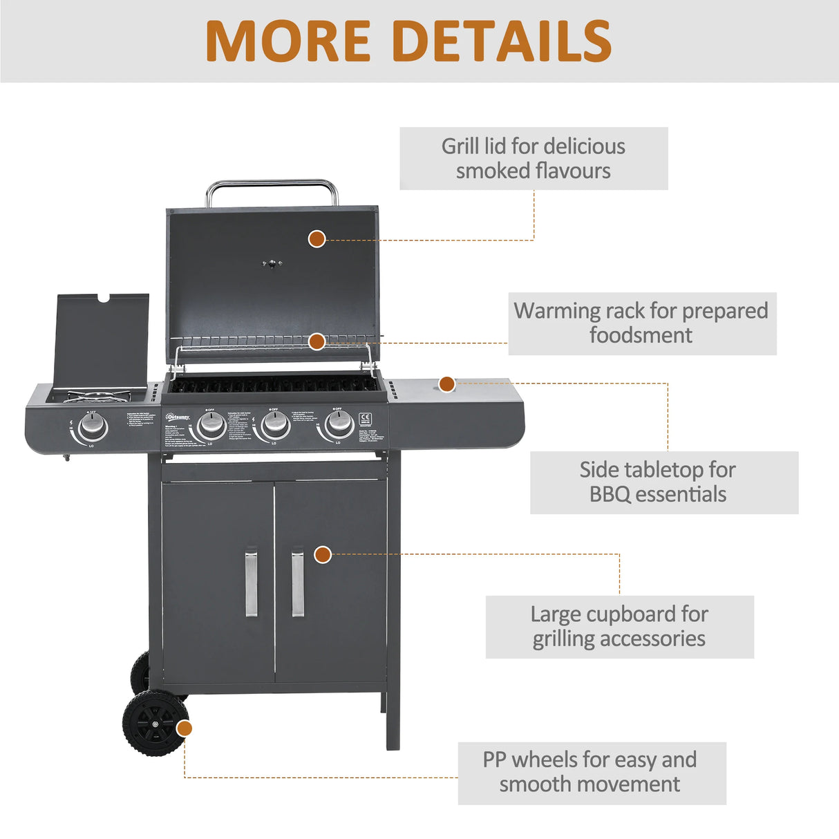 Outsunny 3+1 Burner Gas BBQ Grill, Outdoor Barbecue Trolley with Wheels, Warming Rack, Side Shelves, Cabinet, Thermometer for Garden, Party, Camping, 110L x 50W x 100Hcm, Grey