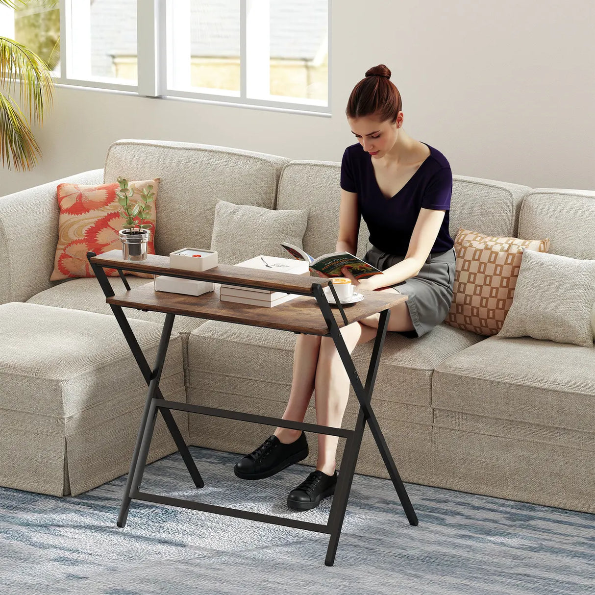 HOMCOM 81.5 cm Folding Computer Desk with Monitor Shelf - Rustic Brown