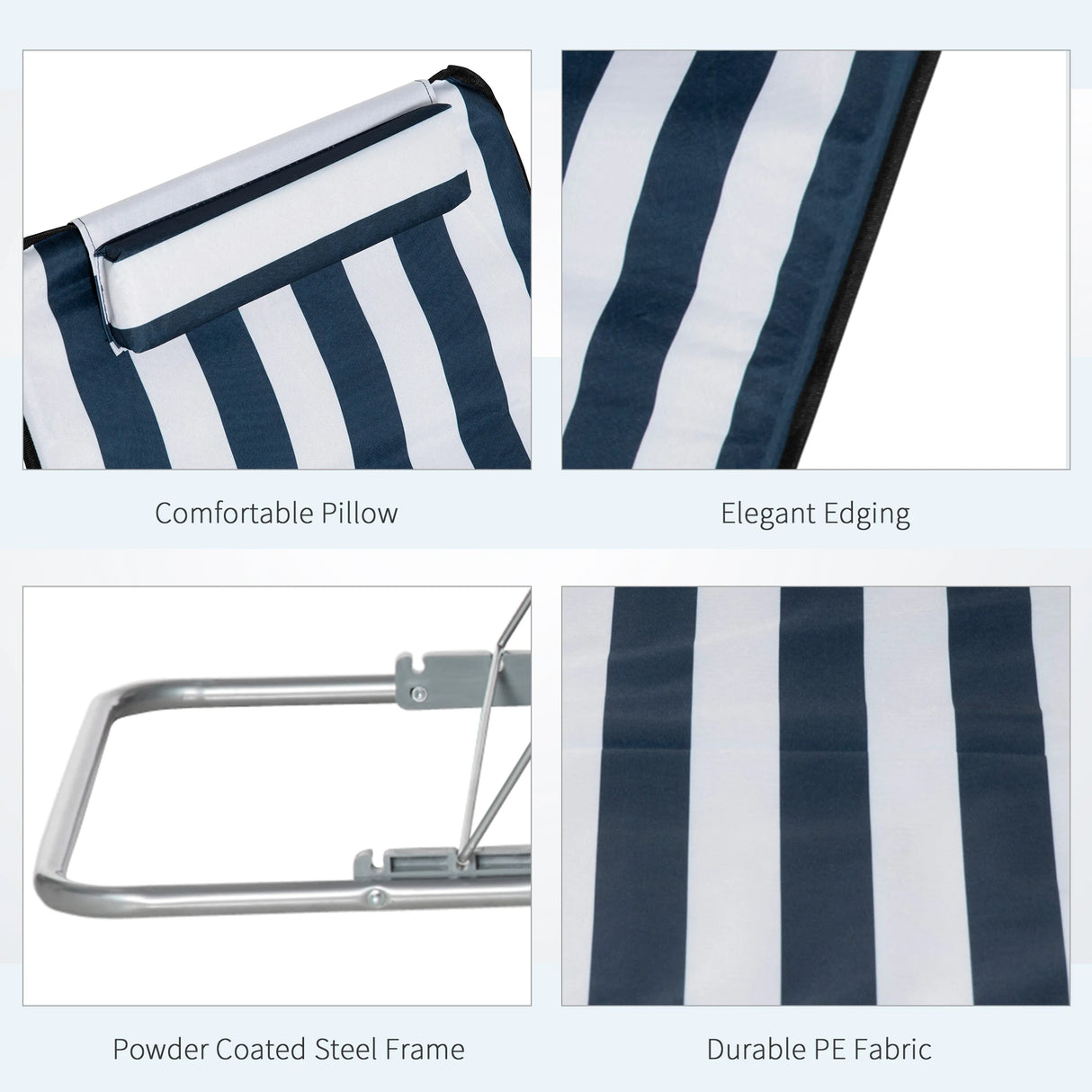 Outsunny Set of 2 Foldable Garden Beach Chair Mat Lightweight Outdoor Sun Lounger Seats Adjustable Back Metal Frame PE Fabric Head Pillow w/ Carry Bag, Blue