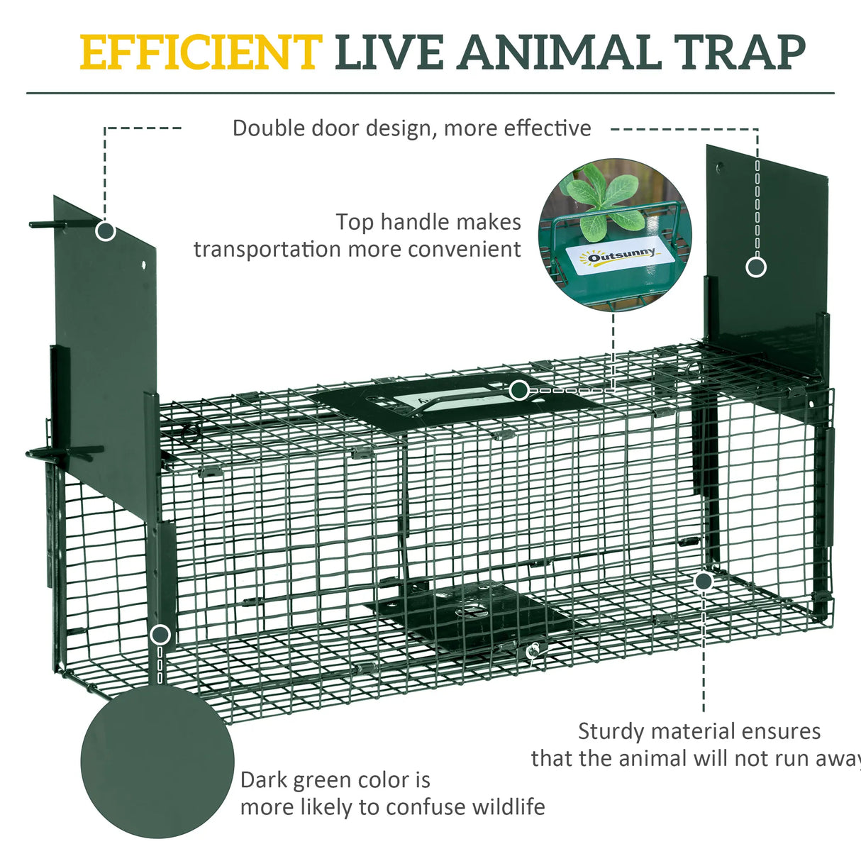 Outsunny Humane Rat Trap, Squirrel Trap with Double Doors, Live Cage Mousetrap for Indoors & Outdoors, Catch and Release Mice, Rats, Rodents, 60 x 18 x 20 cm, Green