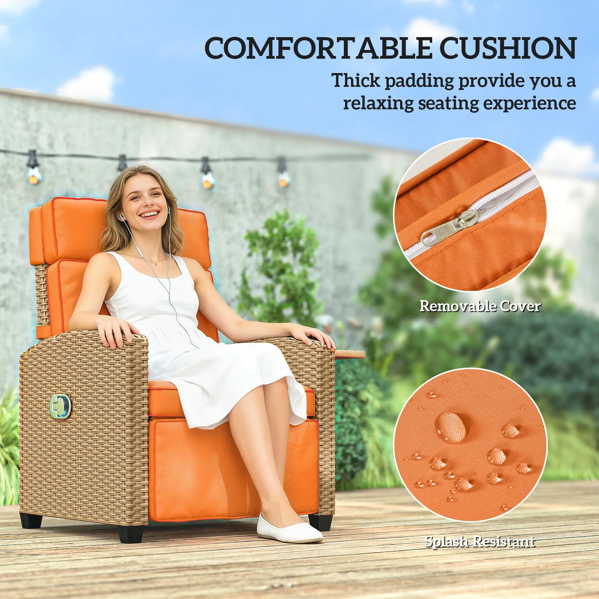 Outsunny 145 Reclining Rattan Armchair, with Footrest - Khaki/Orange