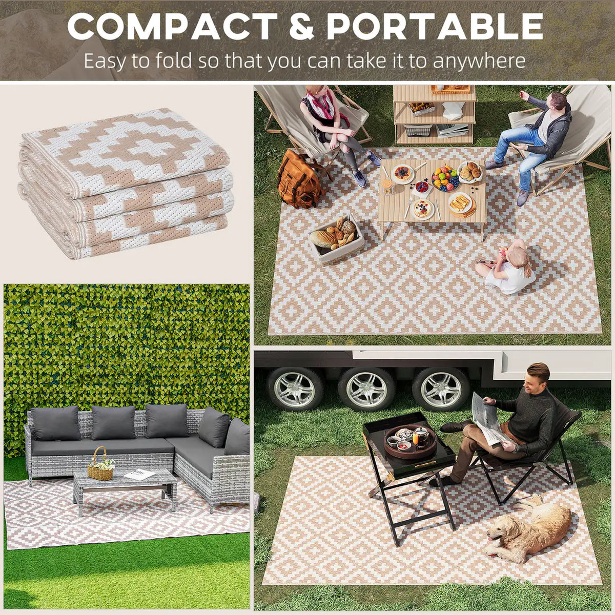 Outsunny Reversible Outdoor RV Rug, Patio Floor Mat, 274 x 182 cm Plastic Straw Rug for Garden, terrace, Beach, Camping, Coffee & White