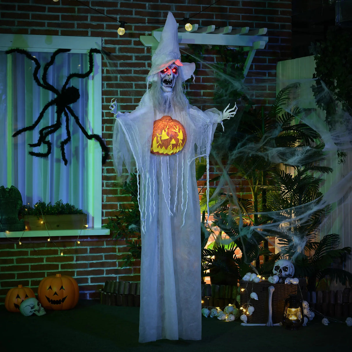 HOMCOM 6ft Outdoor Halloween Decoration Witch with Pumpkin, Hanging Skeleton Witch Prop Life Size with Sound and Motion Activated, Light Up Eyes, Laughing Sound, Posable Arms, White