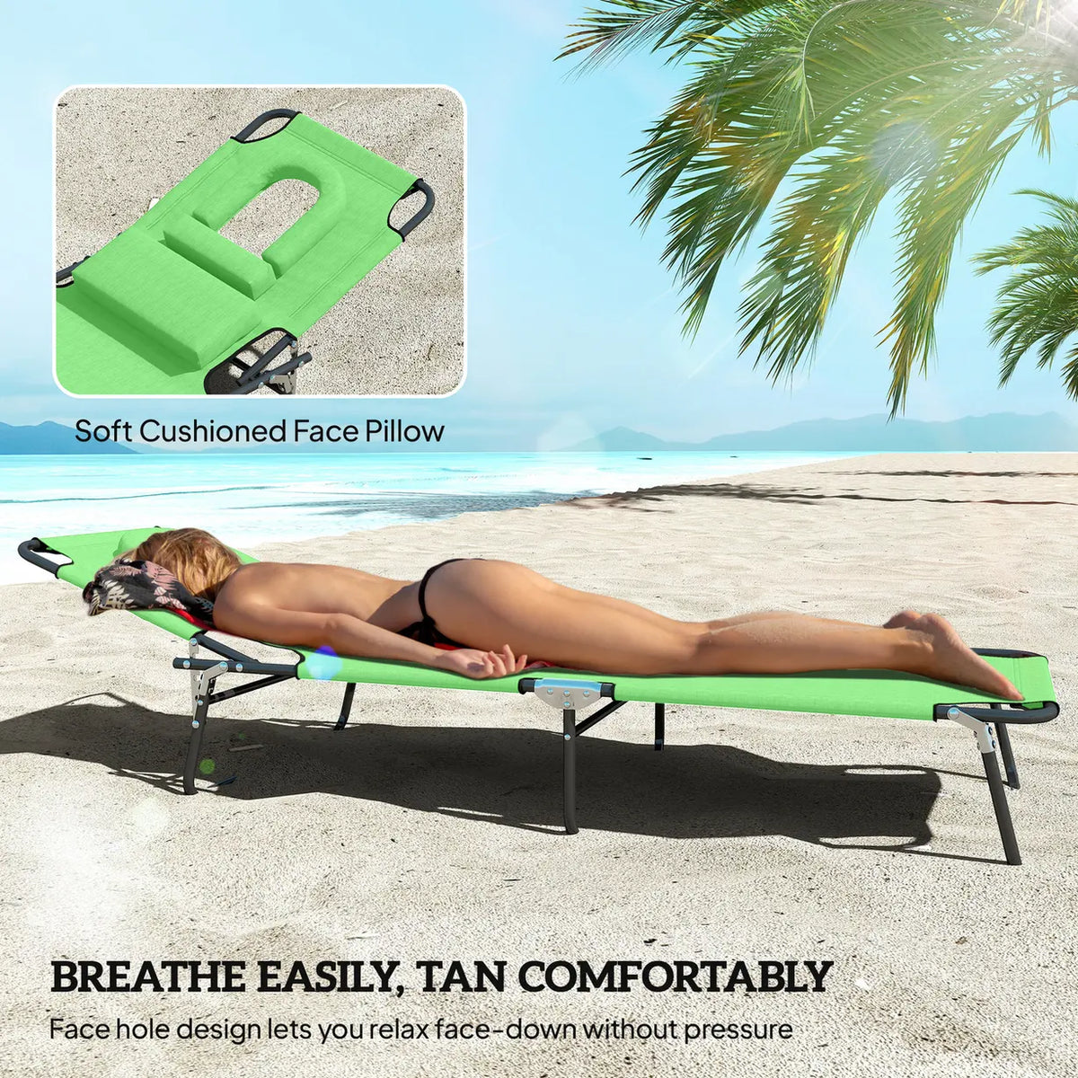 Outsunny Folding Sun Lounger with Face Hole, 4-Position Adjustable Backrest Garden Recliner Chair Sunbed, Outdoor Lounge Chair with 600 D Oxford Cloth Seat, Pillow for Beach, Green