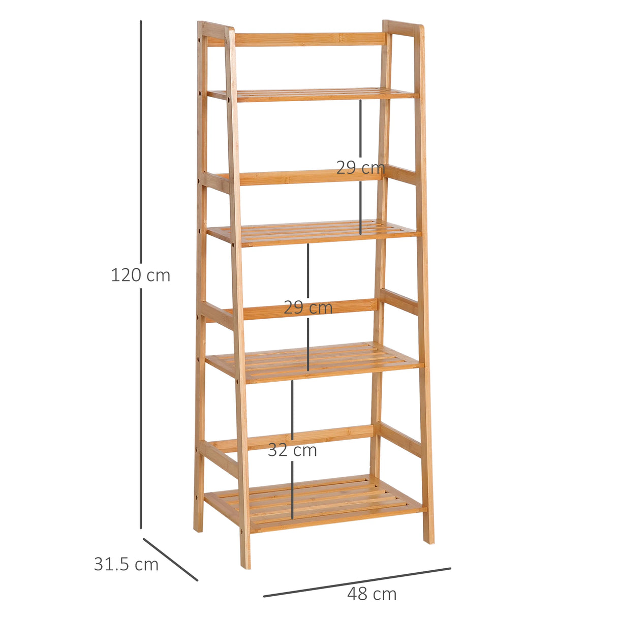 HOMCOM Bamboo Ladder Shelf, 4-Tier Bookshelf, Freestanding Bookcase for Living Room, Study, Bedroom, Home Office, 48 x 31.5 x 120cm, Natural Wood Effect
