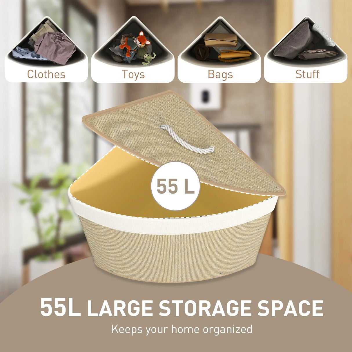 HOMCOM Bamboo Laundry Basket with Lid, 55L Corner Laundry Hamper with Removable Washable Liner Bag, Bathroom Triangle Washing Basket, 35 x 35 x 60 cm, Nature Wood Finish