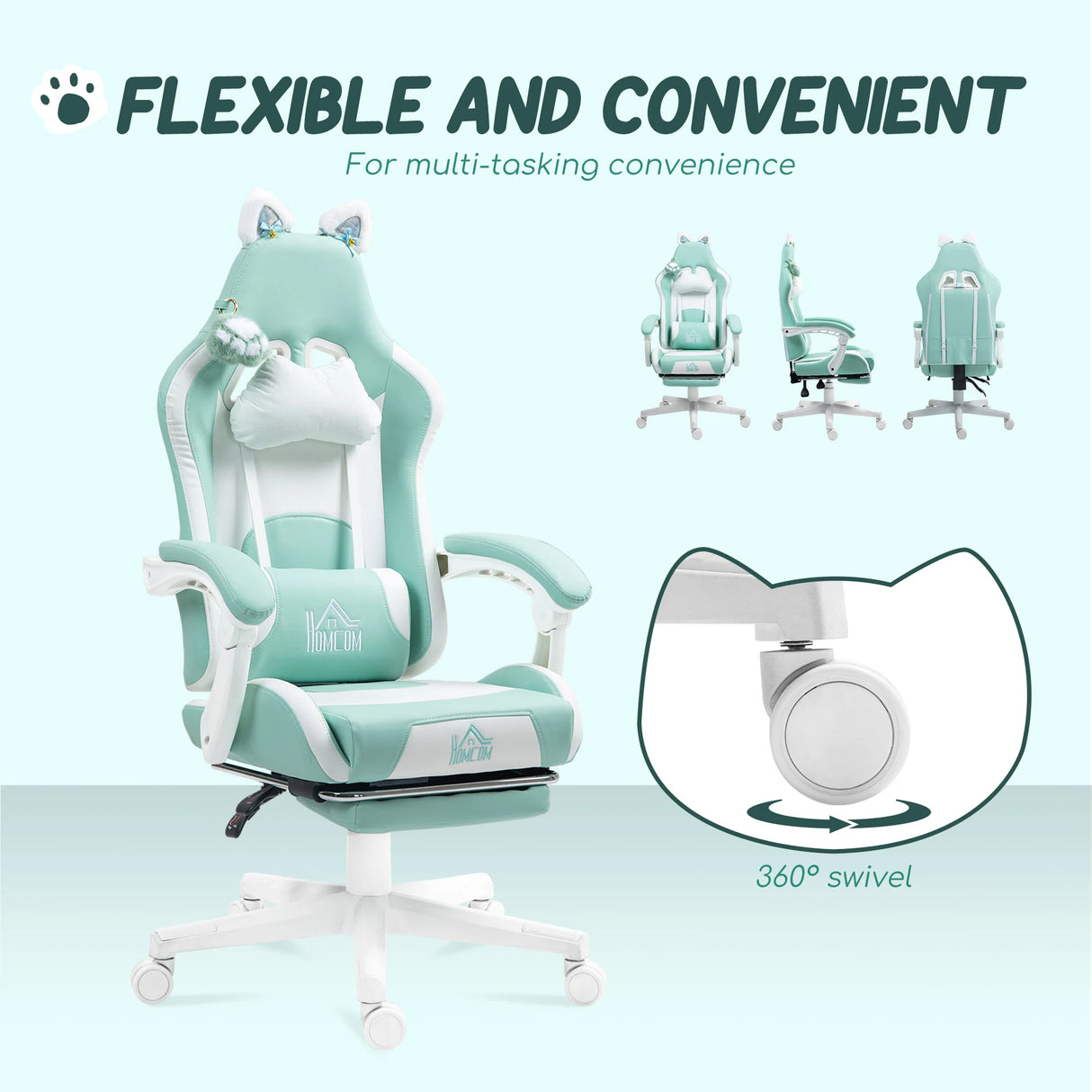 HOMCOM Cat Ear and Paw Reclining Office Chair, with Footrest - Light Blue/White