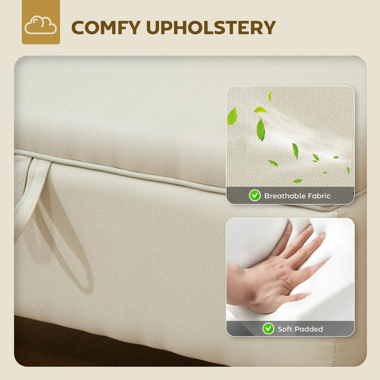 HOMCOM 30L Linen Storage Ottoman Padded Footstool with Rubberwood Legs for Storage Box, Bed End, Shoe Bench, Seating, Beige