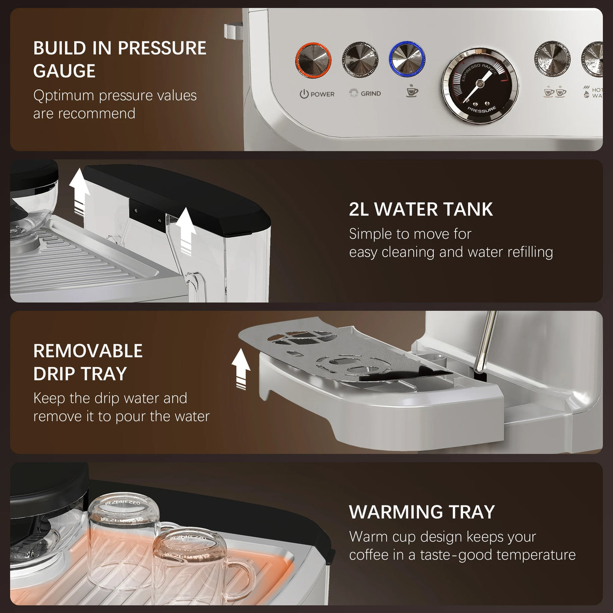 HOMCOM 15 Bar Coffee Machine, with Adjustable Grind, Steamer and Accessories - Silver Colour