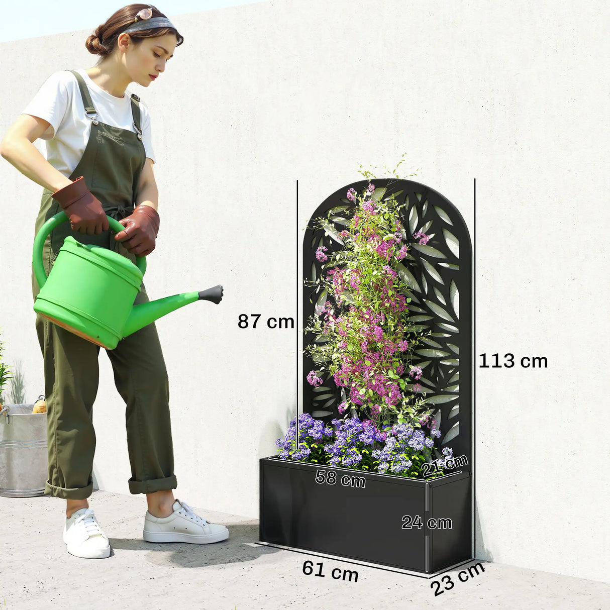 Outsunny Metal Garden Bed for Garden with Trellis, Wall Mounted or Freestanding Raised Planter with Curved Privacy Screen