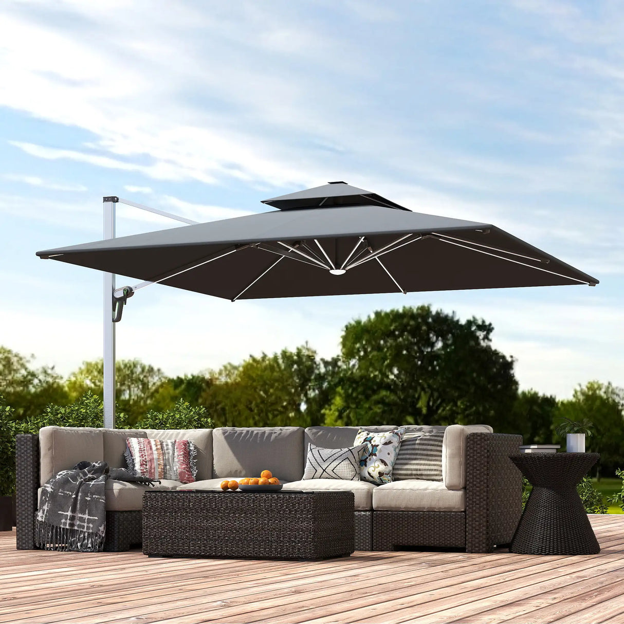 Outsunny 3(m) Garden Cantilever Parasol with Solar LED Lights, Cross Base, 360 Rotation, Crank Handle and Tilt, Grey