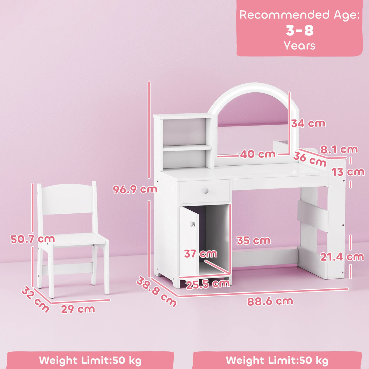 AIYAPLAY Kids Vanity Table and Chair Set, Girls Dressing Table with 2-Colour LED Mirror, Stool, Cabinet, Drawer, Shelves, White
