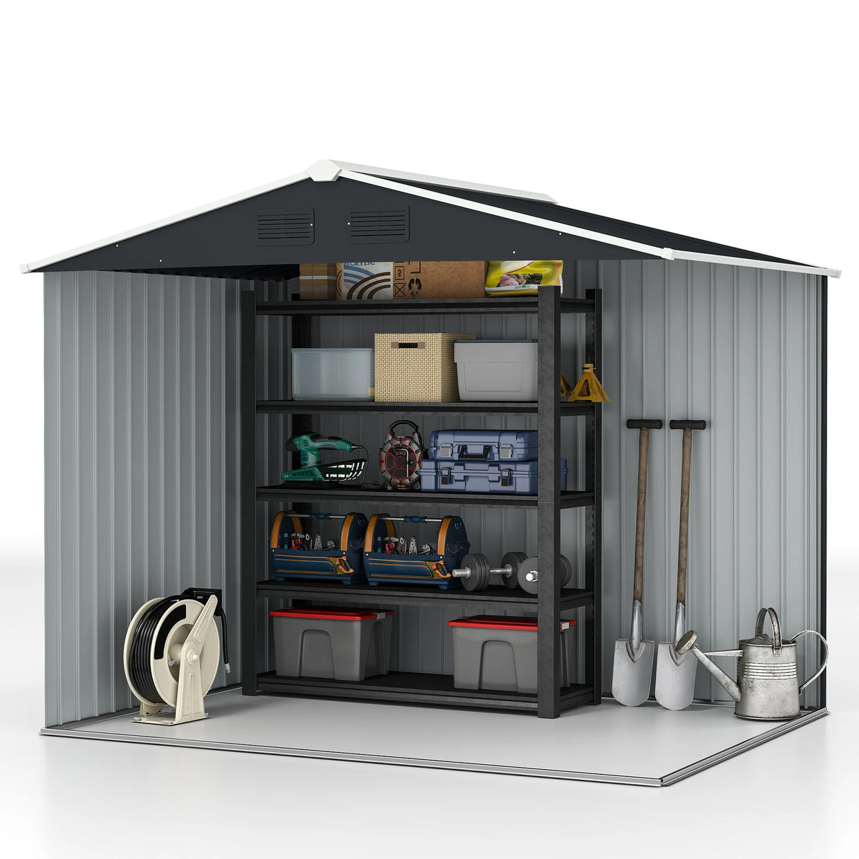 Outsunny 7.7 x 5.7ft Metal Garden Shed, Galvanised Outdoor Tool Storage House with Ventilation Slots and Sliding Doors, Grey