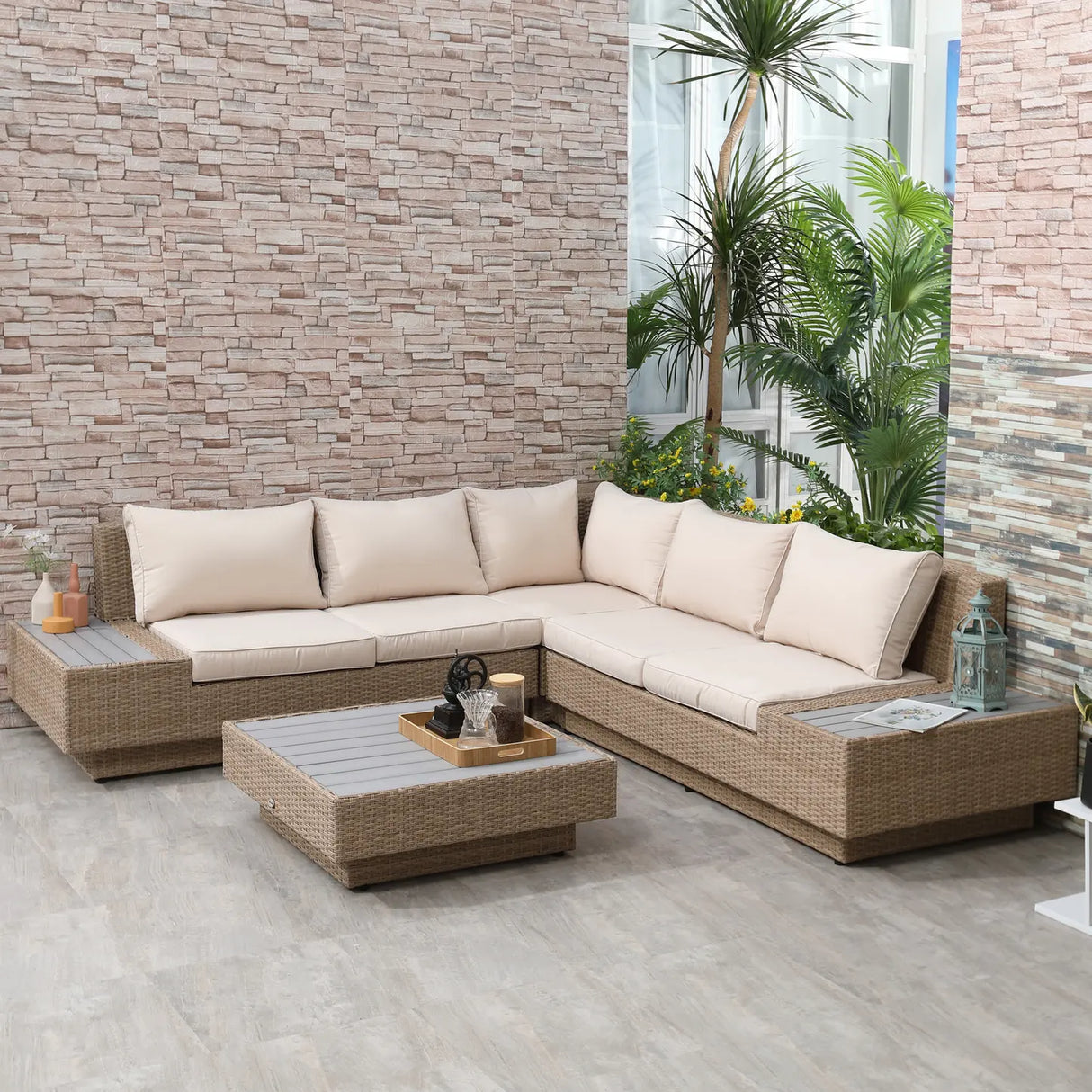 Outsunny 4 Pieces Rattan Garden Furniture Set, Garden Corner Sofa with Side Trays, Wicker Conservatory Furniture Set with Loveseats, Slatted Plastic Top Coffee Table and Cushions, Beige