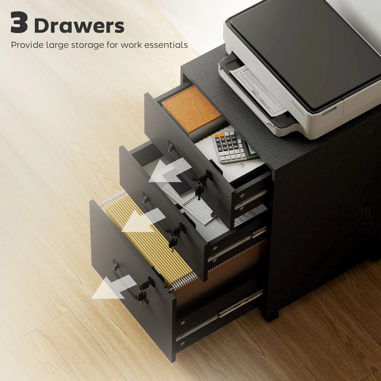 HOMCOM Three Drawer Wood-Effect Filing Cabinet - Black