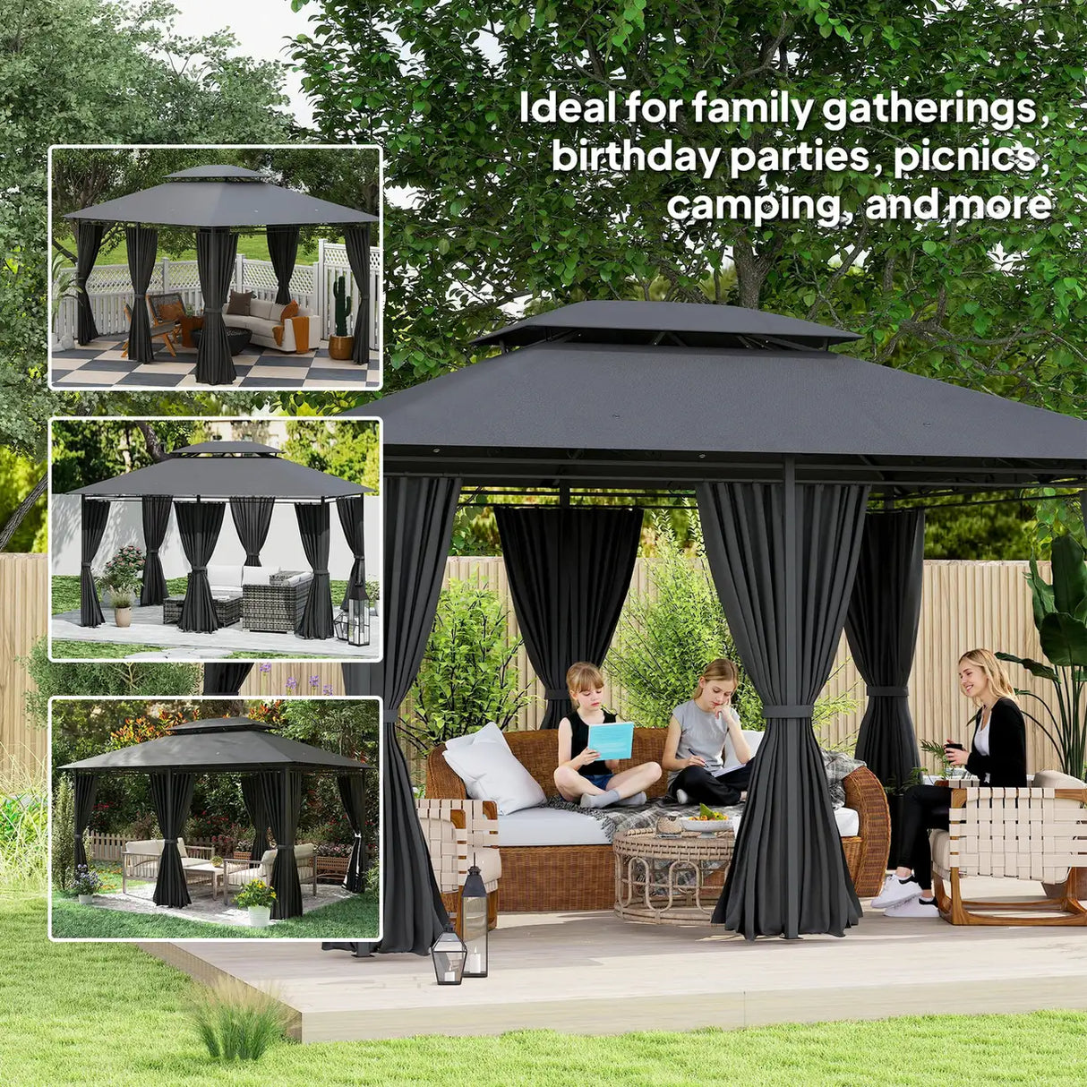 Outsunny 3 x 4m Steel Gazebo, with Curtains - Black