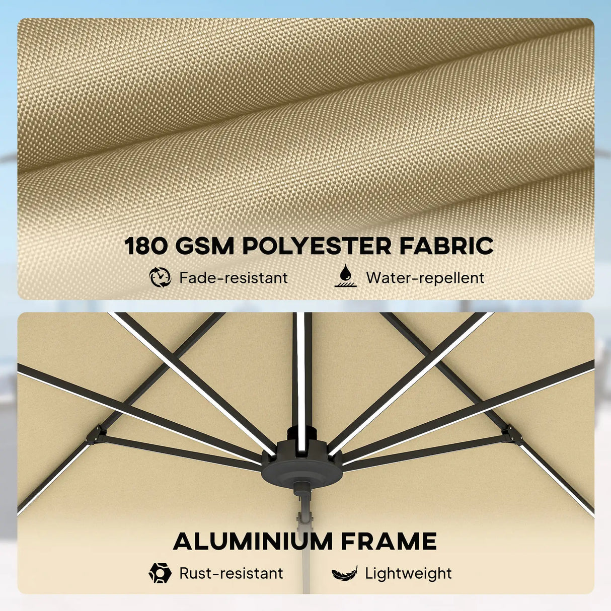 Outsunny 3(m) Adjustable Cantilever Parasol with Base, Solar LED Lights, Khaki