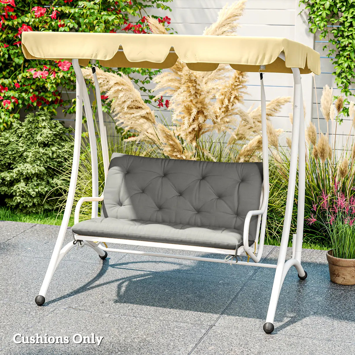 Outsunny 2 Seater Bench Pad, Garden Chair Cushion with Back and Ties for Indoor and Outdoor Use, 98 x 100 cm, Light Grey