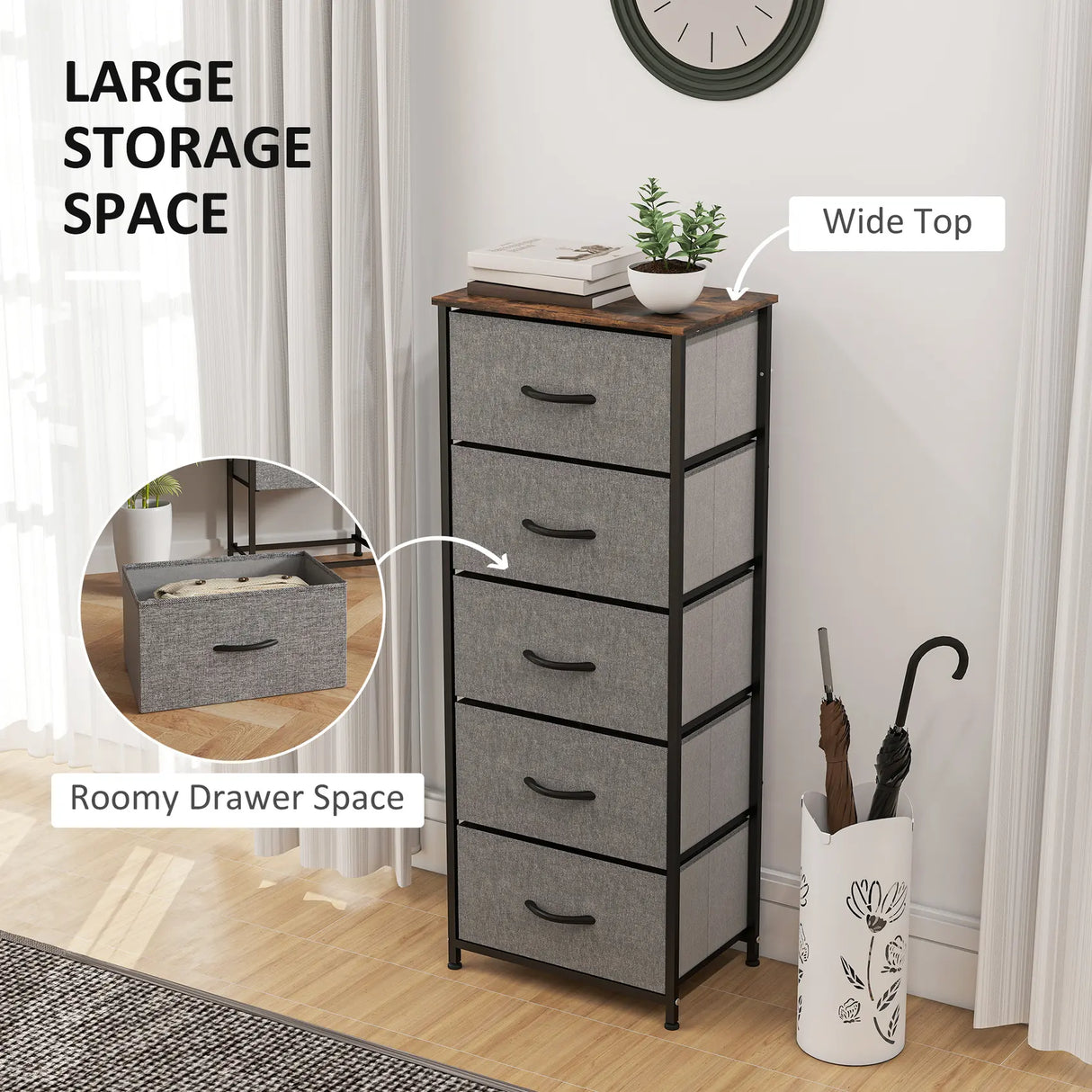 HOMCOM Fabric Chest of Drawers, Industrial Bedroom Dresser with 5 Fabric Drawers, Steel Frame and Wooden Top for Nursery, Living Room, Hallway, Rustic Brown and Grey