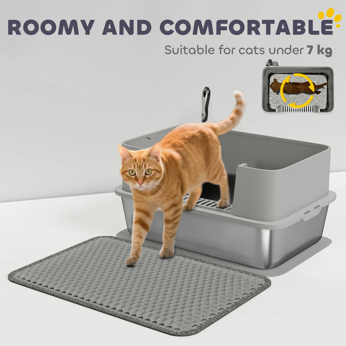 PawHut High Sided Stainless Steel Litter Box, Metal Cat Litter Tray with Metal Scoop, Litter Mat, Never Absorbs Odors, Grey