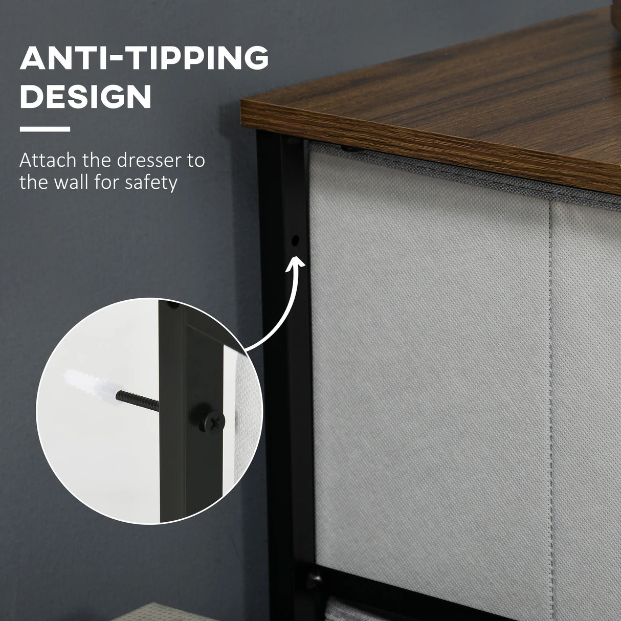 HOMCOM Fabric Chest of Drawers, Industrial Bedroom Dresser with 5 Fabric Drawers, Steel Frame and Wooden Top for Nursery, Living Room, Hallway, Grey