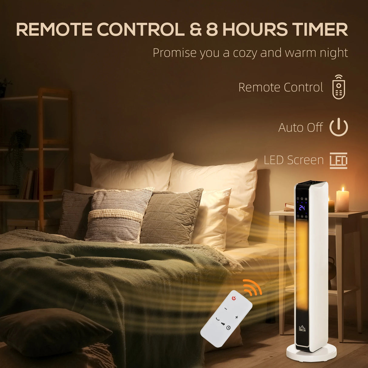 HOMCOM 1100W/2200W Space Heater with 65 Oscillation & 8-Hour Timer and Overheat & Tip Over Protection, Room Heater with 2 Heat and Fan for Bedroom, 29 inch