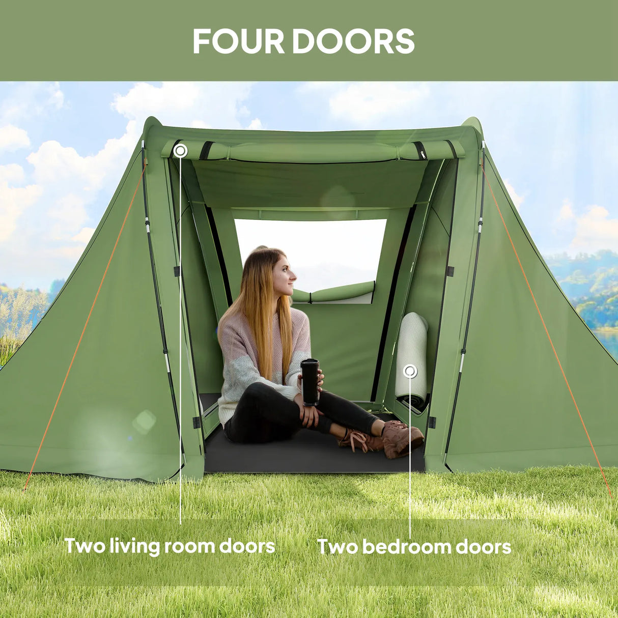 Outsunny 3 Man Camping Tent with Living Area and 2 Bedrooms, 3000mm Waterproof Family Tent with Sewn-in Groundsheet and bag, Portable Dome Shelter for Hiking, Festival, Backpacking, Green
