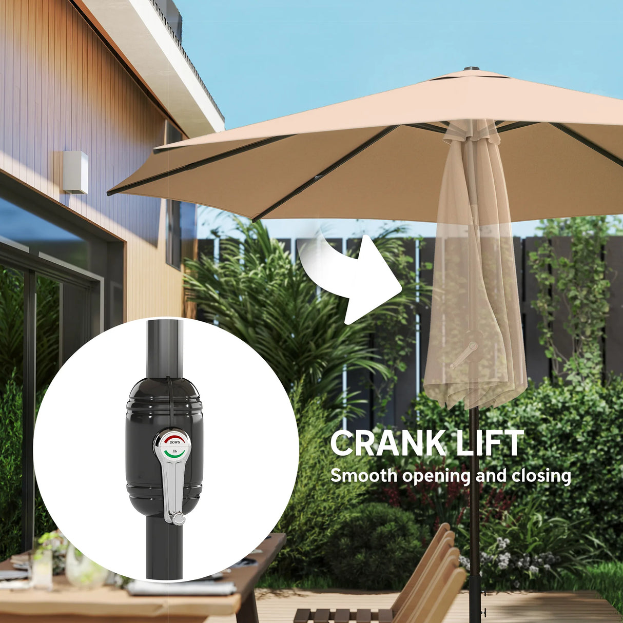 Outsunny 2.7 m Garden Parasol Umbrella with Cross Base and Sandbag, Retractable Ribs, Outdoor Table Market Umbrella, Khaki