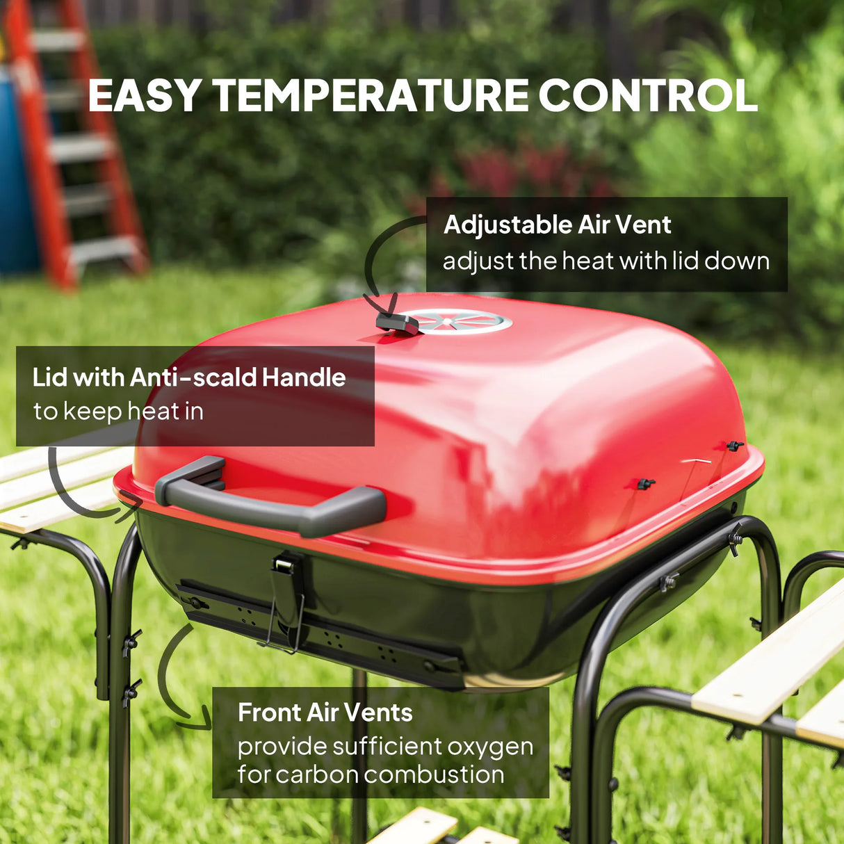 Outsunny Charcoal Barbecue Grill Portable BBQ Grill with 1840 cm2 Cooking Area, 3 Shelves, Adjustable Vent, Lockable Lid, Wheels for Outdoor Cooking, Garden Party, Red