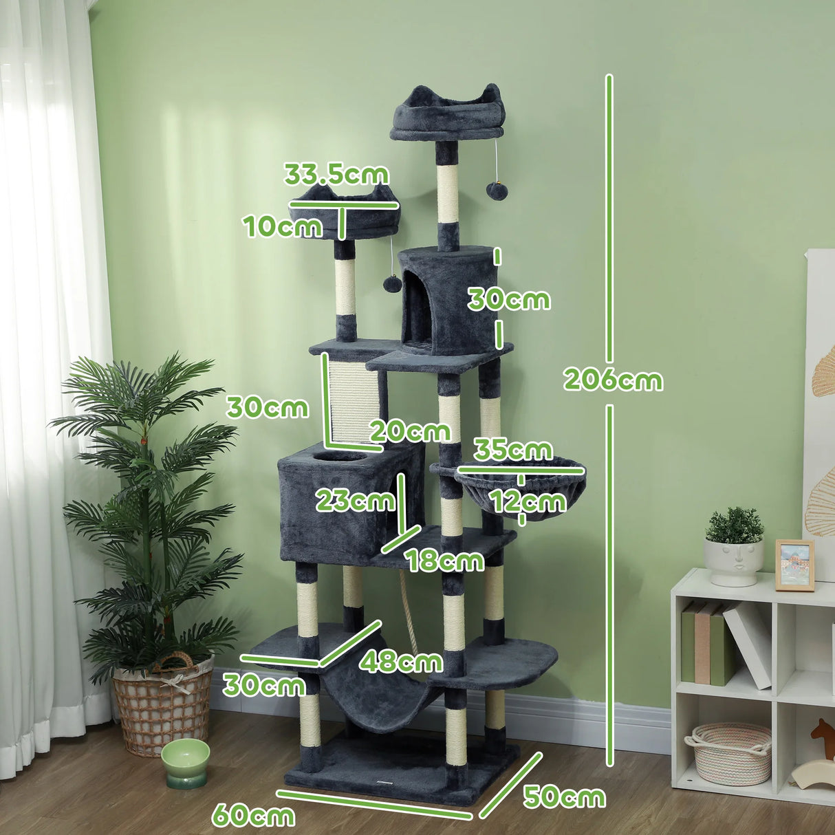 PawHut 206cm Cat Tree, Multi-Level Cat Tower with Scratching Posts and Board, Beds, Condos, Platforms, Toy Balls, Dark Grey