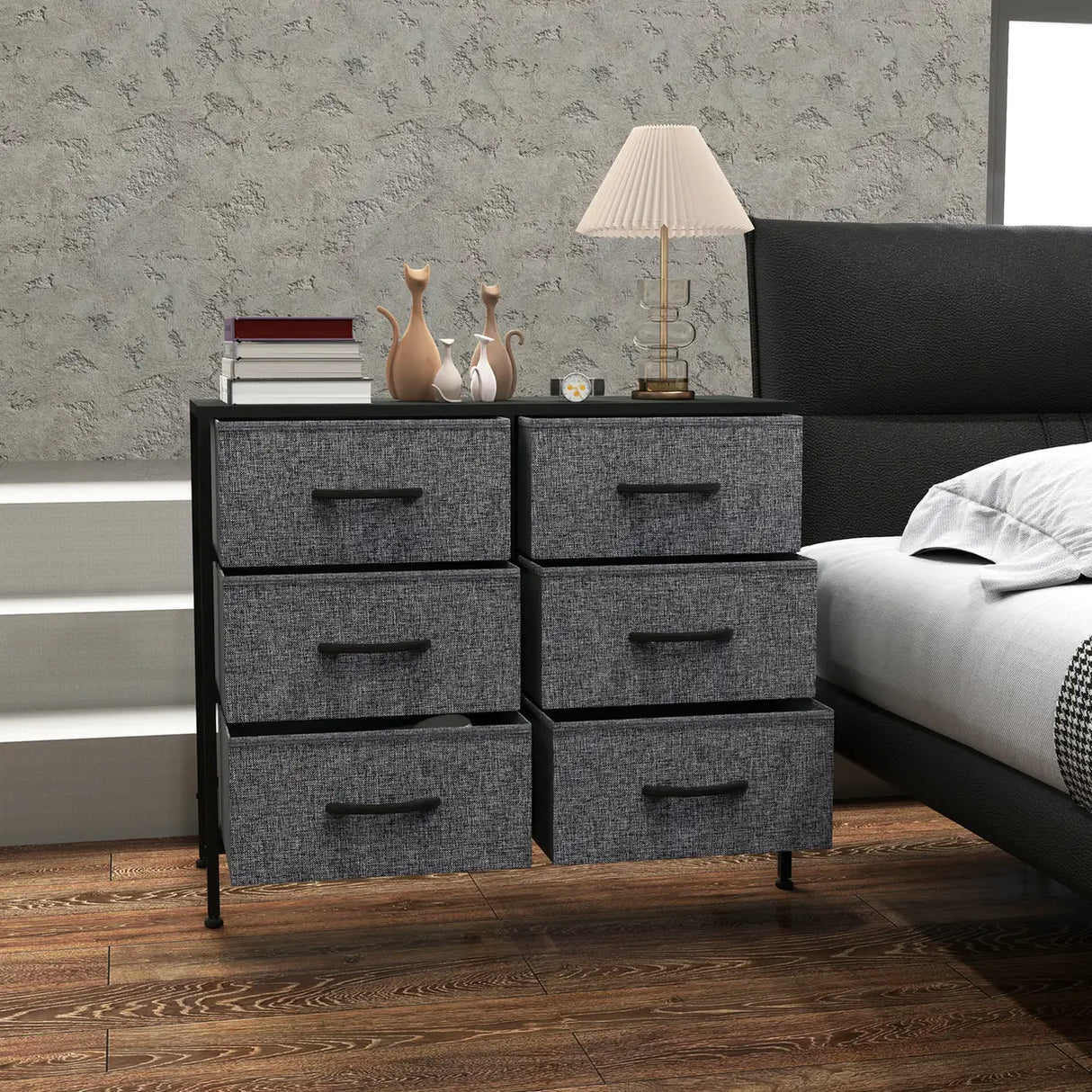HOMCOM Fabric Chest of Drawers, Industrial Bedroom Dresser with 6 Fabric Drawers, Steel Frame and Wooden Top for Nursery, Living Room, Hallway, Black